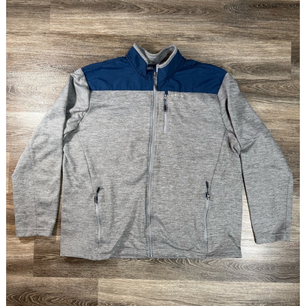 Orvis Fleece Jacket Mens XXL‎ Grey Full Zip Navy Blue Mock Neck